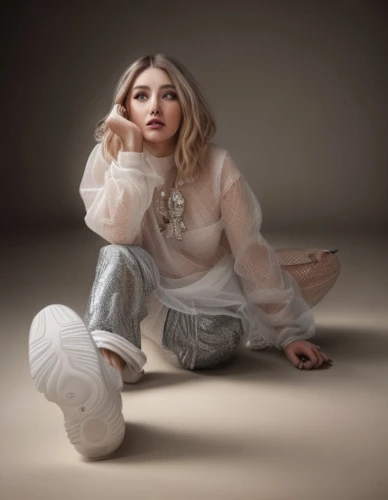 silver,jumpsuit,angelic,meditating,pale,see-through clothing,white silk,sitting,tracksuit,meditative,silver pieces,grey background,white clothing,poppy,poppy seed,seated,silvery,aura,sitting on a chair,lux,Common,Common,Fashion