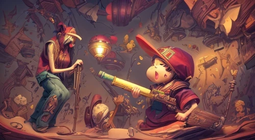 pinocchio,the pied piper of hamelin,geppetto,game illustration,gnomes,pied piper,magical adventure,children's fairy tale,gnomes at table,fantasy art,fairytale characters,lamplighter,kids illustration,art bard,3d fantasy,sci fiction illustration,musicians,fantasy picture,transistor,fire artist,Game Scene Design,Game Scene Design,Freehand Style