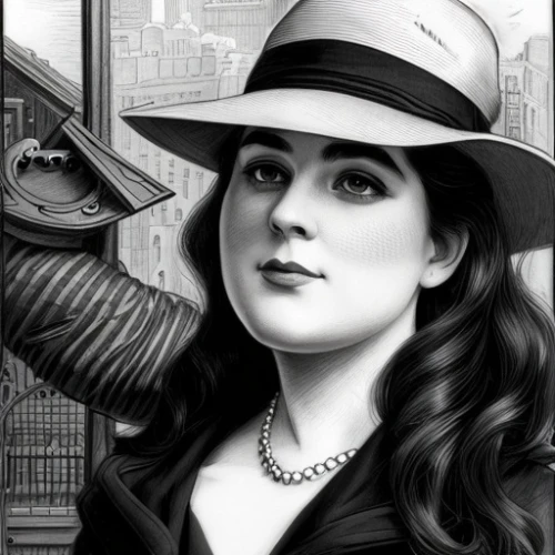 film noir,woman holding gun,victorian lady,black hat,girl with gun,retro woman,art deco woman,girl wearing hat,girl with a gun,fedora,woman portrait,bowler hat,artist portrait,custom portrait,trilby,the hat-female,the hat of the woman,romantic portrait,femme fatale,pencil drawing,Art sketch,Art sketch,Traditional