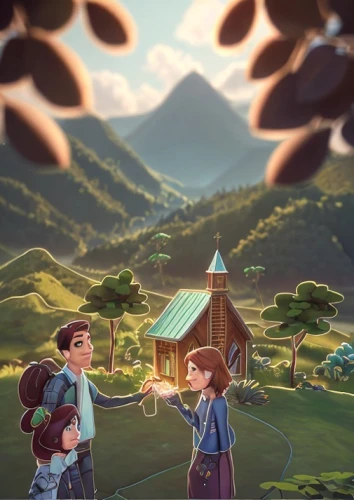 mountain village,studio ghibli,background image,the spirit of the mountains,travelers,mountain scene,arrowroot family,villagers,digital nomads,mountain huts,mountain world,girl and boy outdoor,game illustration,animated cartoon,alpine village,children's background,mushroom landscape,adventure game,mountains,recess,Common,Common,Cartoon