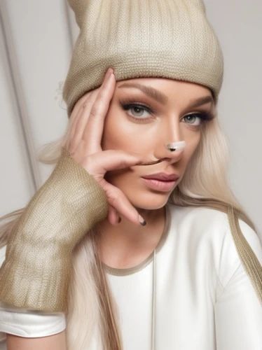 realdoll,beanie,white fur hat,doll's facial features,lace wig,fashion doll,beret,knit cap,knit hat,fashion dolls,gradient mesh,artificial hair integrations,cloche hat,neutral color,natural cosmetic,model doll,bobble cap,female model,beige,designer dolls,Product Design,Fashion Design,Women's Wear,Timeless Elegance