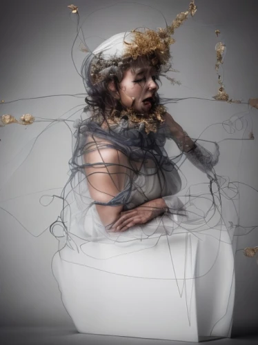 conceptual photography,woman thinking,artificial hair integrations,psyche,the girl in the bathtub,image manipulation,shower cap,photo manipulation,woman sitting,girl in a wreath,woman sculpture,photomanipulation,emancipation,digital compositing,management of hair loss,the hat of the woman,multiple exposure,immersed,king lear,photomontage,Common,Common,Commercial