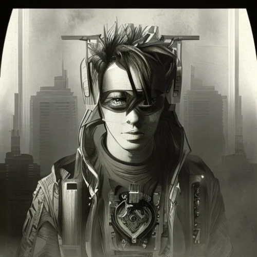 cyberpunk,streampunk,game illustration,cyborg,grayscale,tracer,society finch,superhero background,ironworker,game art,sci fiction illustration,supervillain,red hood,metropolis,city ​​portrait,punk design,game character,gray-scale,twitch icon,edit icon,Art sketch,Art sketch,Retro