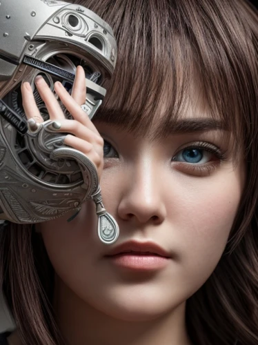 prosthetics,cyborg,doll's facial features,realdoll,chatbot,female doll,cybernetics,hand prosthesis,bicycle helmet,silver,3d figure,robot eye,motorcycle helmet,chat bot,model kit,artificial intelligence,3d fantasy,doll's head,image manipulation,humanoid,Common,Common,Natural