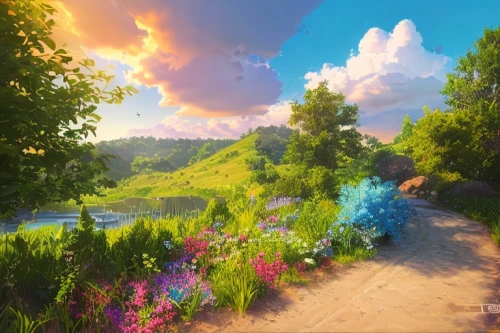 landscape background,fantasy landscape,fairy world,cartoon video game background,pathway,3d fantasy,virtual landscape,beauty scene,fairy forest,idyllic,fantasy picture,nature landscape,the mystical path,spring background,3d background,meadow landscape,fairy village,beautiful landscape,fantasia,flower field,Common,Common,Cartoon