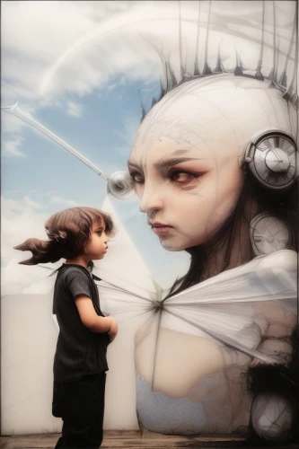 little girl in wind,girl with speech bubble,sci fiction illustration,woman thinking,girl with a dolphin,photomanipulation,surrealism,ephedra,girl walking away,anime 3d,world digital painting,girl in a long,mystical portrait of a girl,doll looking in mirror,digiart,panoramical,digital compositing,digital art,surrealistic,artist doll