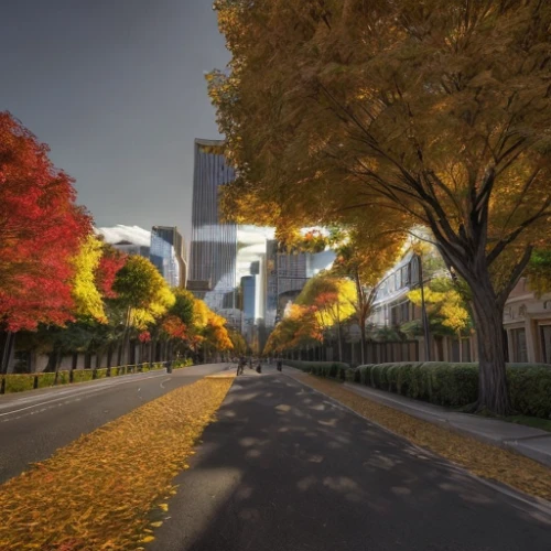 tree-lined avenue,tree lined lane,autumn scenery,the trees in the fall,autumn trees,deciduous trees,trees in the fall,tree lined path,autumn in japan,fall landscape,bicycle path,trees with stitching,fall foliage,one autumn afternoon,chestnut avenue,plane trees,maple road,the boulevard arjaan,autumn landscape,bike path,Light and shadow,Landscape,Autumn