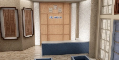 walk-in closet,render,door-container,3d rendered,hallway space,3d rendering,japanese-style room,cabin,small cabin,aircraft cabin,house trailer,shower base,unit compartment car,inverted cottage,3d render,luggage compartments,small camper,blue doors,modern room,railway carriage