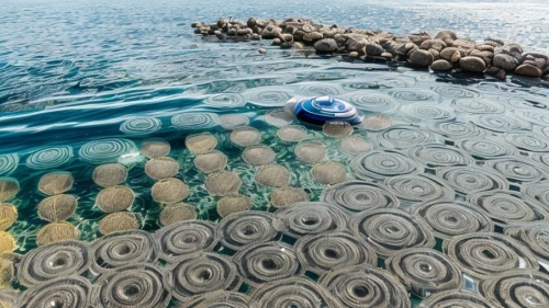 fishing nets,stacking stones,ocean pollution,infinity swimming pool,aquaculture,fish farm,bottle caps,whirlpool pattern,fish traps,jingzaijiao tile pan salt field,environmental art,wastewater treatment,water sofa,fishing net,inflatable mattress,dug-out pool,salt farming,plastic bottles,waves circles,swim ring