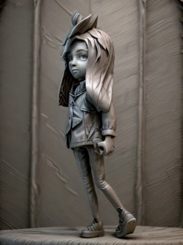 scrap sculpture,clay animation,3d figure,pinocchio,girl walking away,cloth doll,clay doll,frankenweenie,little girl running,character animation,jiminy cricket,paper art,3d model,artist doll,pedestrian,fashion doll,sculpt,metal figure,little girl in wind,sculptor ed elliott