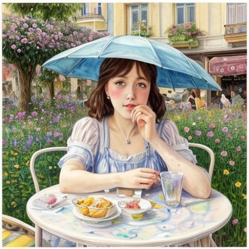 woman with ice-cream,little girl with umbrella,girl with bread-and-butter,girl picking flowers,woman at cafe,girl in the garden,girl in flowers,girl with cereal bowl,parasol,afternoon tea,summer umbrella,la violetta,watercolor cafe,girl sitting,tearoom,paris cafe,portrait of a girl,parasols,café au lait,girl in the kitchen,Common,Common,Photography