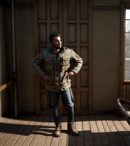 kojima,district 9,assay office in bannack,athos,bannack,jacket,parka,fallout4,man's fashion,sheriff,coveralls,rifleman,blue-collar,boat operator,lando,brown sailor,man holding gun and light,war correspondent,drone operator,tradesman,Game Scene Design,Game Scene Design,Realistic