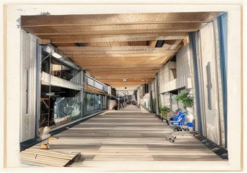 botanical square frame,underpass,archidaily,framing square,daylighting,wooden facade,store fronts,board walk,walkway,shopping mall,kirrarchitecture,kraft paper,train station passage,facade panels,school design,passerelle,3d rendering,shopping center,multistoreyed,boardwalk