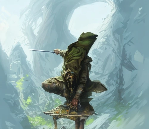 mountain guide,game illustration,the wanderer,adventurer,ranger,fisherman,hunter's stand,heroic fantasy,mountaineer,robin hood,fjord,gnome skiing,woodsman,bow and arrows,tarzan,scavenger,angler,quarterstaff,hanged man,trekking pole,Common,Common,Cartoon