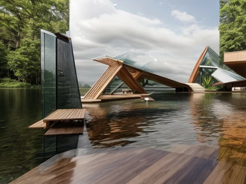 moveable bridge,wooden bridge,corten steel,guitar bridge,futuristic architecture,cube stilt houses,teak bridge,water stairs,humpback bridge,floating stage,japanese architecture,futuristic art museum,beam bridge,archidaily,wooden construction,dragon bridge,footbridge,asian architecture,floating huts,mirror house