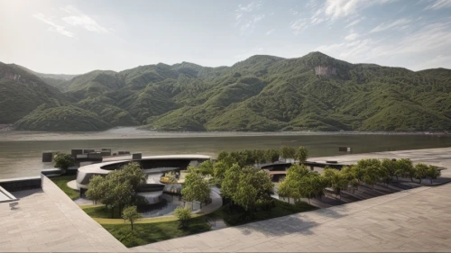 chinese architecture,danyang eight scenic,cube stilt houses,72 turns on nujiang river,eco hotel,3d rendering,japanese architecture,floating huts,house with lake,japanese zen garden,roof landscape,hydropower plant,house by the water,guizhou,floating islands,asian architecture,render,artificial island,artificial islands,building valley,Architecture,General,Masterpiece,Vernacular Modernism