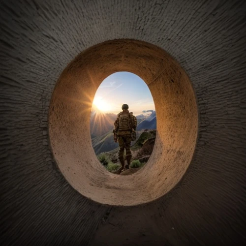 wall tunnel,window to the world,afghanistan,kurdistan,round window,tunnel,360 °,stargate,hole in the wall,round hut,towards the top of man,to explore,man silhouette,vigilant,rifleman,framed,pillbox,climbing helmet,lost in war,porthole