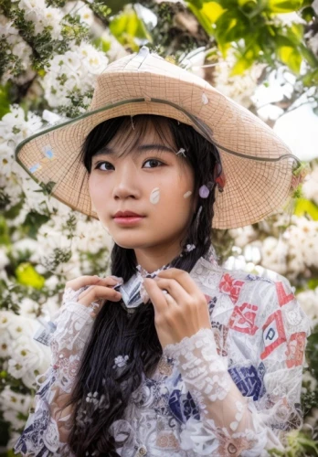 vietnamese woman,asian conical hat,asian costume,japanese woman,girl in flowers,ao dai,asian woman,beautiful girl with flowers,girl picking flowers,girl wearing hat,vintage asian,flower hat,hanbok,japanese floral background,korean culture,white blossom,geisha girl,asian culture,asian girl,asian,Common,Common,Photography