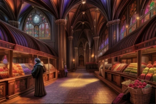 stalls,aisle,hogwarts,medieval market,gothic architecture,grocer,fruit market,marketplace,holy place,pipe organ,grocery,world digital painting,gothic,gothic church,greengrocer,gothic style,notre dame,haunted cathedral,cartoon video game background,sanctuary