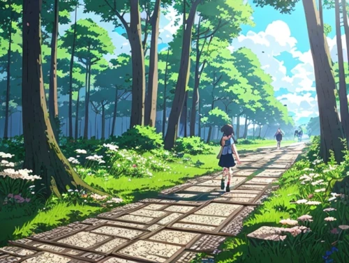 studio ghibli,violet evergarden,forest path,forest walk,forest road,forest,forest background,the forest,walk in a park,tsumugi kotobuki k-on,happy children playing in the forest,summer day,forest of dreams,in the forest,girl walking away,idyllic,walk,forest ground,green forest,stroll,Common,Common,Japanese Manga