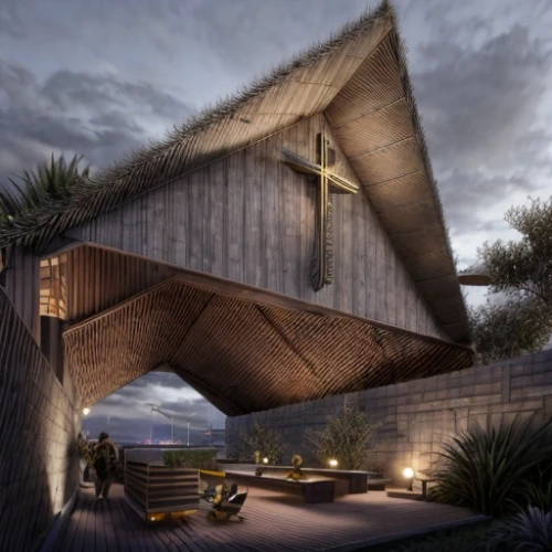 dunes house,christ chapel,archidaily,timber house,eco hotel,cube stilt houses,futuristic architecture,cubic house,3d rendering,modern architecture,arq,house of prayer,island church,wooden church,dead sea scrolls,soumaya museum,eco-construction,wooden beams,roof landscape,mid century house