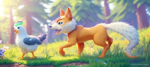 garden-fox tail,fairy forest,woodland animals,little fox,foxes,forest animals,child fox,meadow play,cute fox,fairy world,3d fantasy,springtime background,forest glade,grass family,encounter,cartoon forest,whimsical animals,fauna,forest walk,hunting scene,Common,Common,Cartoon