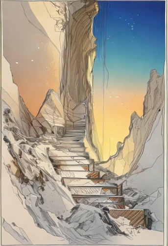 ice landscape,cliff dwelling,crevasse,alpine crossing,aurora-falter,chasm,northen light,winter landscape,snow mountain,mountain scene,glaciers,mountain station,mountain sunrise,snow landscape,yellow mountains,mountain pass,mountain slope,heavenly ladder,frame border illustration,alpine sunset