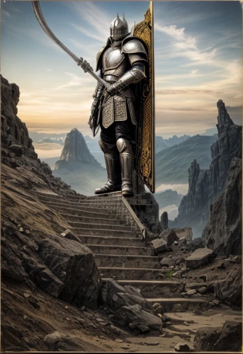 heroic fantasy,paladin,bordafjordur,knight armor,pall-bearer,norse,lone warrior,crusader,fantasy picture,centurion,dwarf sundheim,digital compositing,guards of the canyon,castleguard,torch-bearer,fantasy warrior,cent,knight,king arthur,gladiator