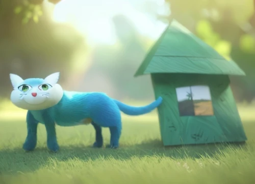 aaa,cartoon cat,little house,pet,home pet,ori-pei,3d render,felidae,blue eyes cat,little cat,cute cat,anthropomorphized animals,shelter cat,blue and green,doodle cat,the cat,birdhouse,dog house,breed cat,blu,Game&Anime,Pixar 3D,Pixar 3D