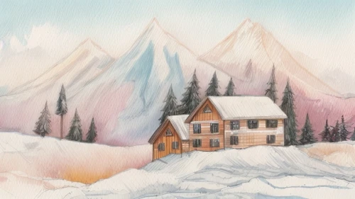 winter landscape,winter house,watercolor christmas background,christmas landscape,snow landscape,snow house,mountain huts,house in mountains,mountain hut,snow scene,watercolor background,snowy landscape,winter village,salt meadow landscape,home landscape,house in the mountains,winter background,colored pencil background,meadow in pastel,cottage