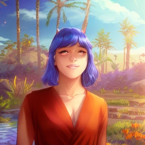 majorelle blue,kosmea,2d,rem in arabian nights,oasis,a girl's smile,portrait background,blue hawaii,dusk background,sapphire,summer background,cg artwork,aloha,maya,digital painting,desert background,world digital painting,a smile,indigo,violet head elf,Game&Anime,Manga Characters,Magic