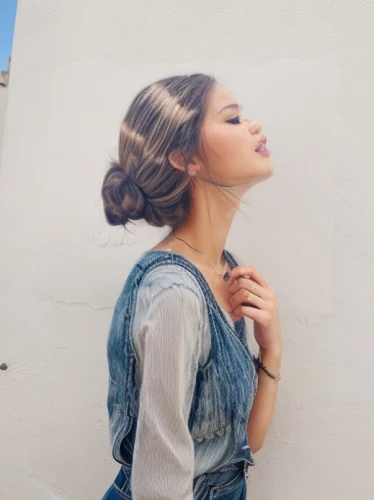 updo,denim bow,chignon,pony tail,ponytail,pony tails,painted wall,vintage girl,portrait background,half profile,denim background,mural,wall paint,hairstyle,tying hair,vintage woman,denim jumpsuit,princess leia,art model,photo painting