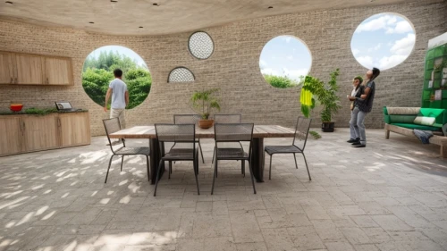concrete ceiling,caravanserai,patio,patio furniture,breakfast room,outdoor table and chairs,roof terrace,outdoor table,outdoor furniture,3d rendering,vaulted ceiling,ufo interior,cubic house,inside courtyard,tile kitchen,daylighting,seating area,courtyard,garden furniture,roof garden