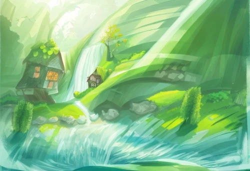 green waterfall,wasserfall,a small waterfall,water falls,waterfall,fairy village,waterfalls,water fall,ash falls,swampy landscape,wishing well,fairy world,druid grove,green water,fjord,water mill,fairy chimney,devilwood,green dragon,mountain spring,Game&Anime,Doodle,Children's Illustrations