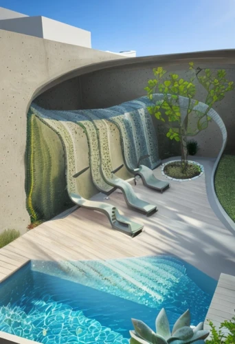 landscape design sydney,dug-out pool,infinity swimming pool,garden design sydney,landscape designers sydney,roof top pool,swimming pool,water feature,water wall,outdoor pool,3d rendering,water stairs,exposed concrete,underwater oasis,roof landscape,water sofa,futuristic landscape,swim ring,underwater landscape,climbing garden,Landscape,Garden,Garden Design,Mid-Century Modern Pool Garden