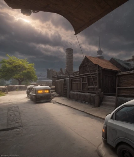 croft,post-apocalyptic landscape,rendering,industrial landscape,overpass,visual effect lighting,backgrounds,development concept,freight depot,ghost town,screenshot,scene lighting,digital compositing,concept art,dusk background,roofs,factories,abandoned places,background texture,gas-station,Game Scene Design,Game Scene Design,Comic Style
