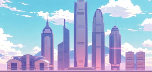 sky city,skyscrapers,high-rises,fantasy city,art deco background,skyline,city skyline,tall buildings,tokyo city,cityscape,skycraper,skyscraper town,high rises,pink city,towers,city trans,burj,city cities,skyscraper,urban towers,Common,Common,Japanese Manga