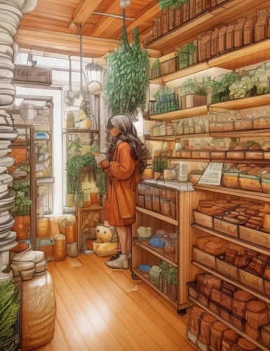 watercolor tea shop,apothecary,watercolor shops,flower shop,pantry,watercolor cafe,kitchen shop,village shop,grocer,brandy shop,merchant,greengrocer,colored pencil background,studio ghibli,store,grocery store,grocery,shopkeeper,shelves,book store