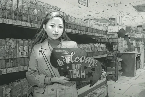 convenience store,grocer,grocery,girl with bread-and-butter,shopkeeper,pencil art,cashier,girl holding a sign,grocery store,pantry,supermarket,salesgirl,candy store,brandy shop,woman shopping,vending machine,deli,pencil drawings,pencil drawing,vintage asian,Art sketch,Art sketch,Concept