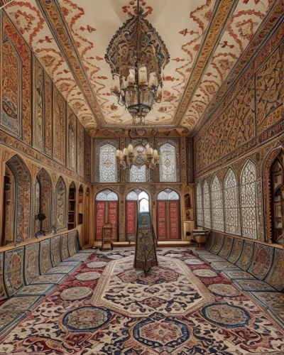 persian architecture,royal interior,iranian architecture,entrance hall,ornate room,umayyad palace,topkapi,quasr al-kharana,alcazar of seville,moroccan pattern,interior decor,floor tiles,byzantine museum,qasr al watan,marble palace,qasr amra,ballroom,king abdullah i mosque,corridor,hallway