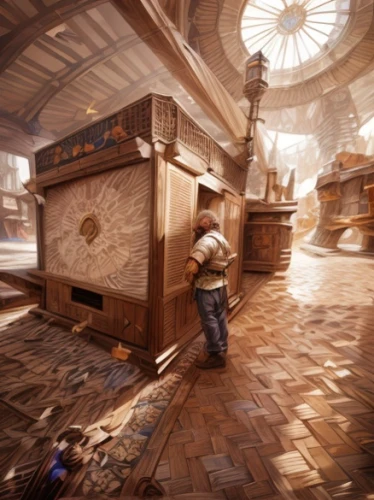 music chest,player piano,courier box,treasure chest,vendor,crate,music box,merchant,clockmaker,vault,pinocchio,organist,antiquariat,steampunk,jukebox,concept art,crooked house,musical box,videogame,stalls