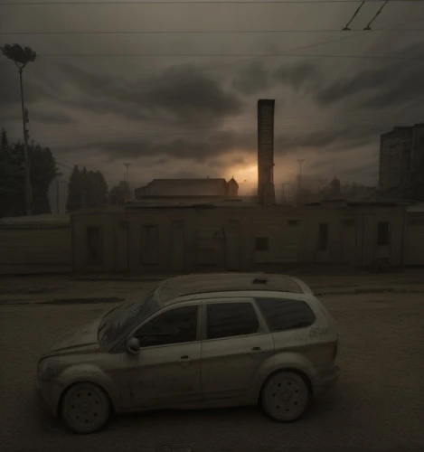 pripyat,post-apocalyptic landscape,the pollution,post apocalyptic,eerie,empty factory,post-apocalypse,abandoned car,pollution,ghost car,smog,stopsmog,industrial ruin,chernobyl,dacia,ominous,apocalyptic,ghost car rally,dystopian,factory chimney,Game Scene Design,Game Scene Design,Horror Style