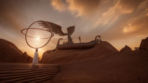 sun dial,stargate,ancient harp,shifting dune,burning man,mobile sundial,capture desert,sundial,admer dune,virtual landscape,dune,armillary sphere,cirque du soleil,solar dish,futuristic landscape,winding steps,harp of falcon eastern,harp,desert landscape,arid land,Common,Common,Fashion