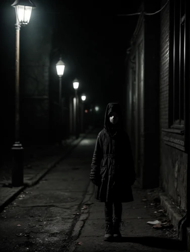 sleepwalker,girl walking away,streetlight,lamplighter,film noir,blind alley,in the dark,dark park,street light,black city,dark portrait,lonely child,in the shadows,darkness,detective,solitary,stranger,sleepwalking,overcoat,alleyway