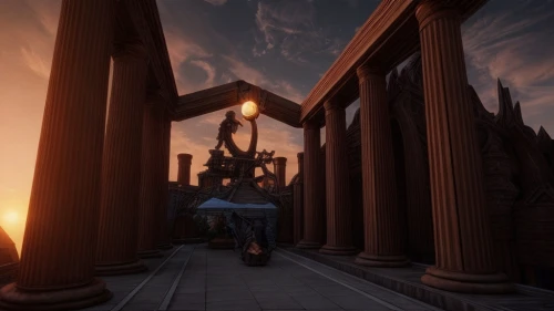 hall of the fallen,mausoleum ruins,temple fade,mortuary temple,pillars,artemis temple,columns,three pillars,imperial shores,dusk,egyptian temple,the threshold of the house,court of justice,trials,screenshot,northrend,greek temple,pillar of fire,pantheon,doric columns,Common,Common,Film