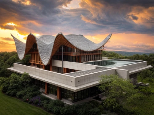 temple fade,modern architecture,dunes house,asian architecture,futuristic architecture,roof landscape,cube house,roof domes,modern house,luxury home,beautiful home,house of prayer,jewelry（architecture）,house in the mountains,house shape,contemporary,cubic house,cube stilt houses,house pineapple,architectural style,Architecture,General,Masterpiece,Organic Architecture