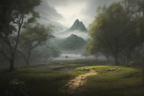 fantasy landscape,mountain landscape,mountain scene,landscape background,foggy landscape,mountainous landscape,forest landscape,mountain pasture,rural landscape,world digital painting,foggy mountain,salt meadow landscape,karst landscape,the mystical path,nature landscape,hiking path,mountain valley,high landscape,green landscape,landscape,Game Scene Design,Game Scene Design,Chinese Martial Arts Fantasy