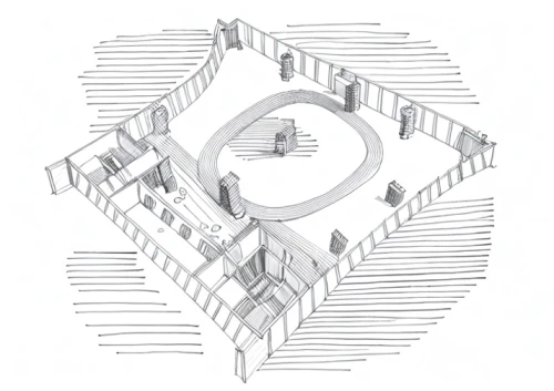 circular staircase,isometric,winding staircase,frame drawing,panopticon,architect plan,multi-story structure,spiral staircase,spiral stairs,orthographic,wireframe graphics,chair circle,wireframe,stage design,circular puzzle,moveable bridge,gyroscope,floor plan,technical drawing,archidaily