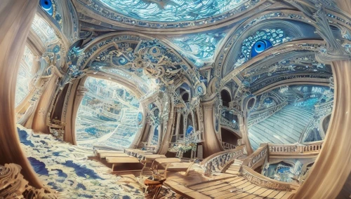 ornate room,fractal environment,fractals art,art nouveau,3d fantasy,mandelbulb,marble palace,blue room,baroque,hall of the fallen,rococo,ornate,abandoned room,staircase,art nouveau frames,panoramical,art nouveau design,mirror house,gaudí,abandoned place,Game&Anime,Manga Characters,Peacock