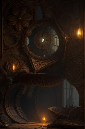 chamber,mandelbulb,ornate room,clockmaker,panopticon,art nouveau frames,circular staircase,mirror of souls,steampunk gears,vault,spiral staircase,grandfather clock,stargate,portals,the throne,hall of the fallen,the threshold of the house,concept art,watchmaker,throne,Game Scene Design,Game Scene Design,Magical Fantasy
